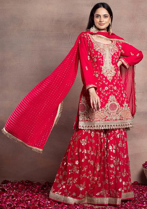 Fuchsia Pink Floral Sequin Embroidered Sharara Set With Hand Embroidered Kurta And Dupatta