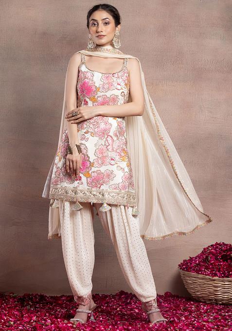 Pastel Pink Floral Print Zari Embellished Kurta Set With Salwar And Dupatta