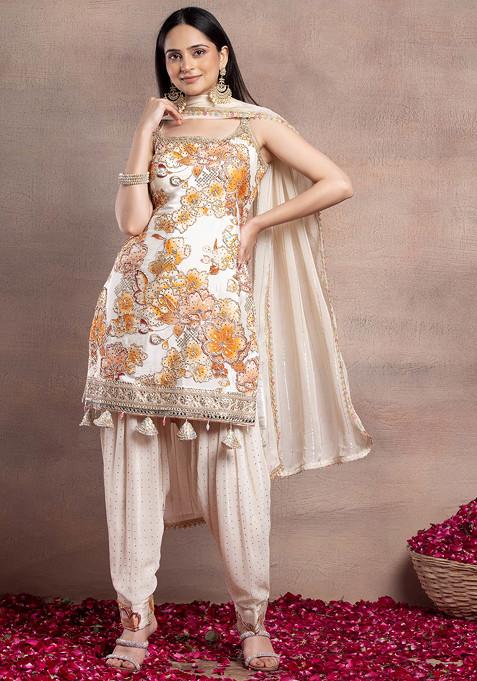 Orange Floral Print Zari Embellished Kurta Set With Salwar And Dupatta