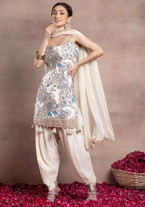 Light Grey Floral Print Zari Embellished Kurta Set With Salwar And Dupatta