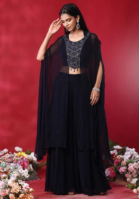 Black Sharara Set With Abstract Bead Embellished Blouse