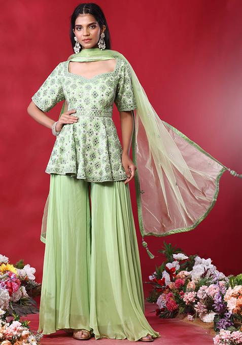 Light Green Sharara Set With Mirror Embroidered Short Kurta And Dupatta