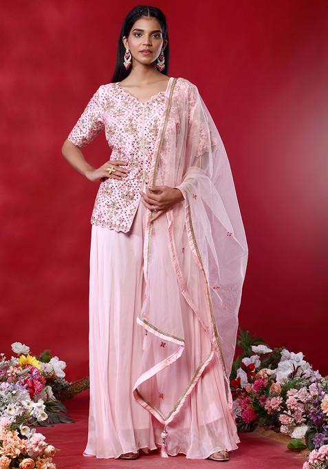 Light Pink Sharara Set With Mirror Zari Embroidered Short Kurta And Dupatta