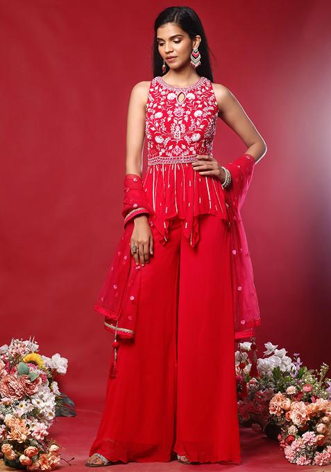 Fuchsia Pink Sharara Set With Floral Sequin Thread Embroidered Short Kurta And Dupatta