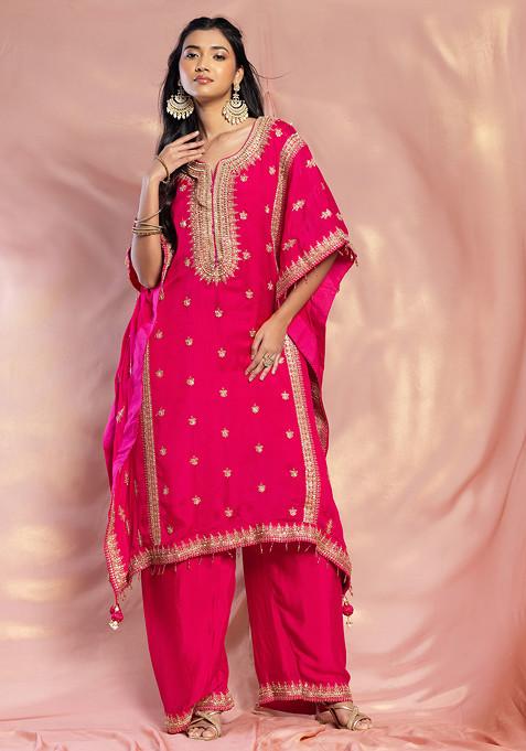Rani Pink Sequin Zari Embroidered Kaftan Kurta Set With Palazzo