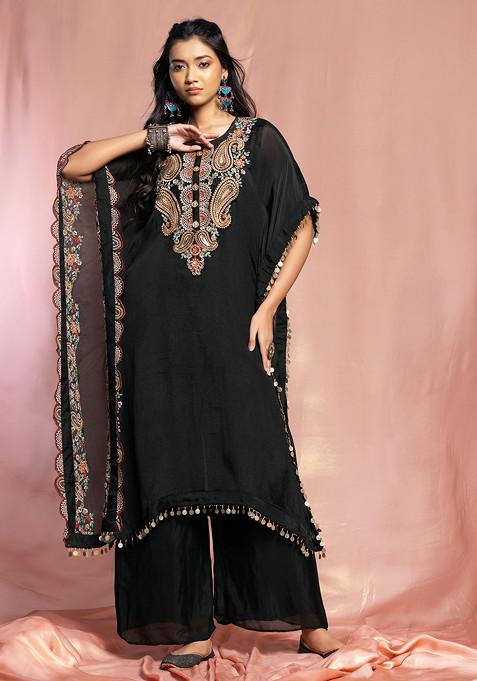 Black Sequin Thread Paisley Embroidered Kaftan Kurta Set With Palazzo