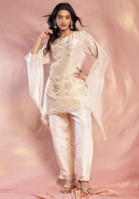 White Floral Sequin Embellished Kurta Set With Pants