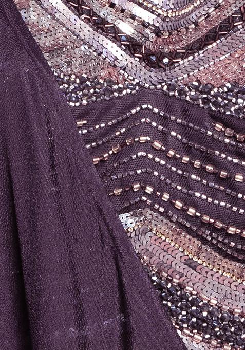 Plum Sequin Embellished Tassled Crop Top with Flared Pallazo Set