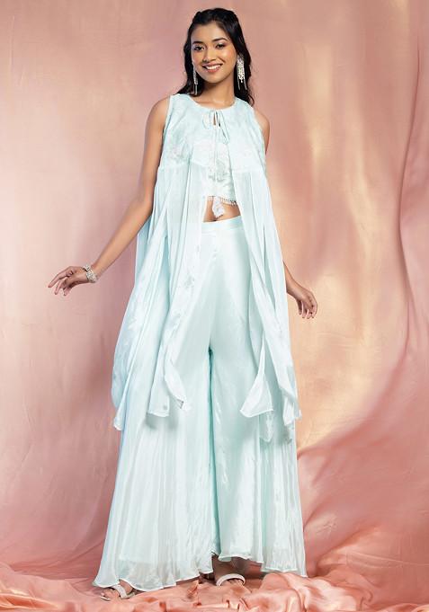 Light Blue Palazzo Set With Embroidered Blouse And Cape