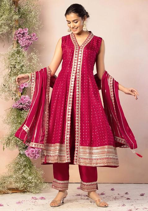 Pink Floral Embroidered Brocade Front Slit Anarkali Kurta Set With Pants And Dupatta
