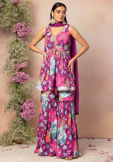 Purple Multicolour Floral Print Sharara Set With Embellished Kurta And Dupatta