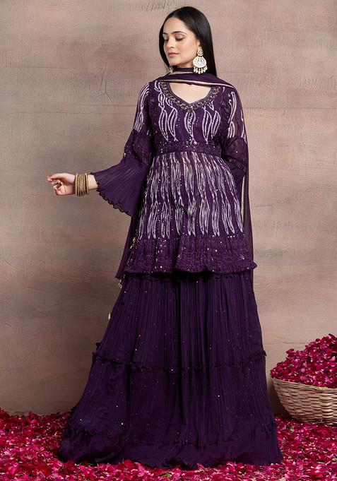 Purple Lehenga Set With Mirror Sequin Embellished Short Kurta And Dupatta