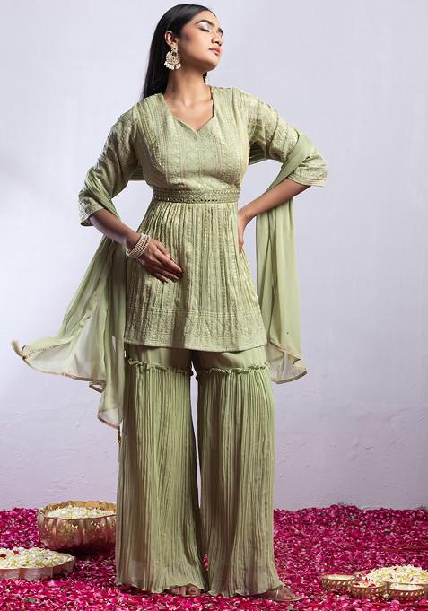 Light Green Sharara Set With Floral Mirror Sequin Embroidered Kurta And Dupatta
