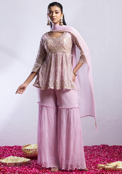 Light Pink Sharara Set With Mirror Embellished Kurta And Dupatta