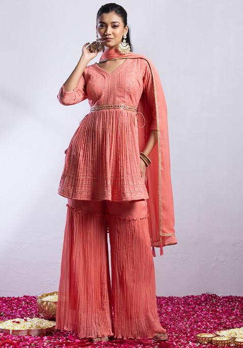 Peach Sharara Set With Floral Mirror Sequin Embroidered Kurta And Dupatta