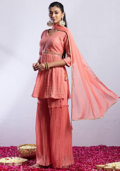 Peach 3/4Th Sleeve Printed Kurta Set With Sharara And Red Dupatta main image 0