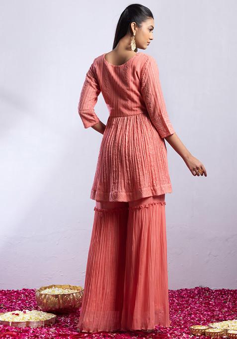 Peach Floral Embroidered Pleated Thread Work Kurta With Sharara main image 0