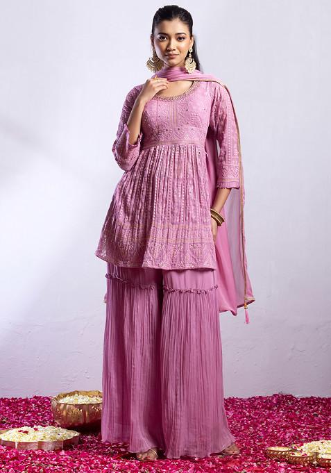 Lilac Sharara Set With Floral Mirror Thread Embroidered Kurta And Dupatta