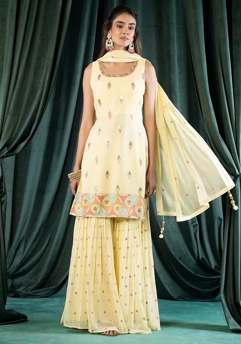 Light Yellow Embroidered Sharara Set With Multicolour Embroidered Kurta And Dupatta