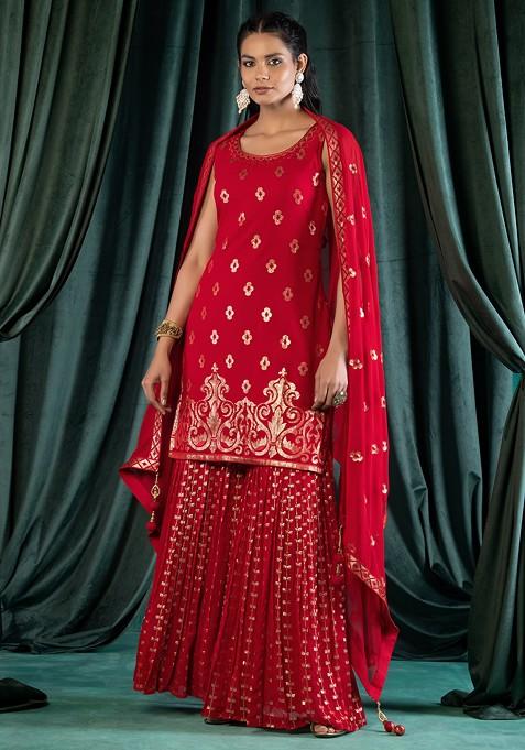 Ruby Red Sharara Set With Sequin Embroidered Kurta And Dupatta