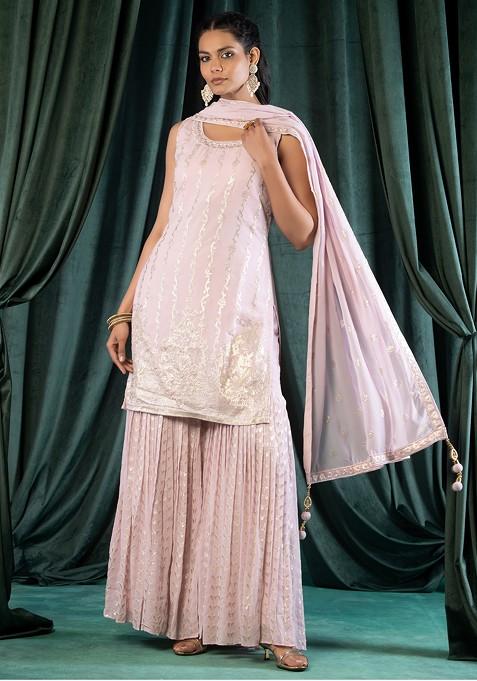 Powder Pink Sharara Set With Sequin Embroidered Kurta And Dupatta
