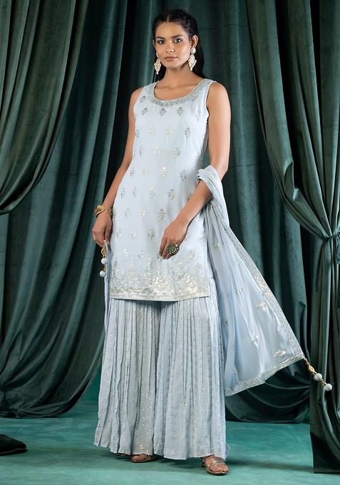 Powder Blue Sharara Set With Sequin Embroidered Kurta And Dupatta