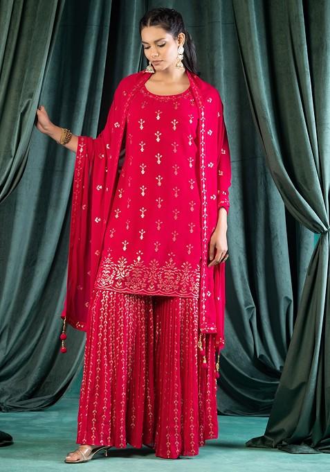 Rani Pink Sharara Set With Sequin Embroidered Kurta And Dupatta