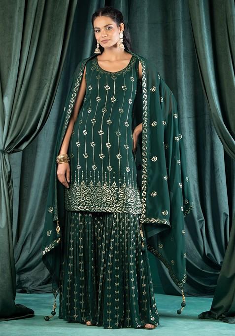 Deep Green Sharara Set With Sequin Embroidered Kurta And Dupatta
