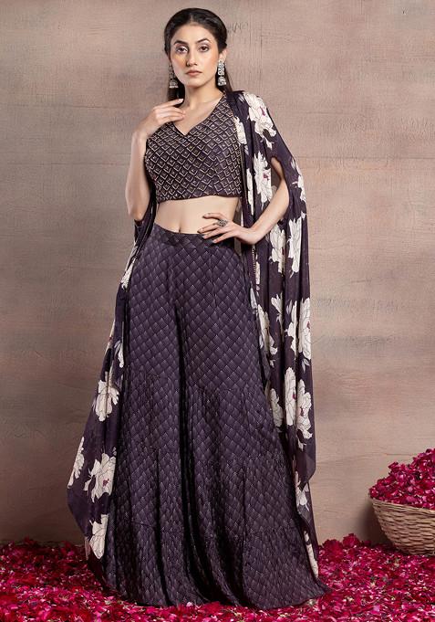 Purple Printed Sharara Set With Embellished Blouse And Floral Print Jacket