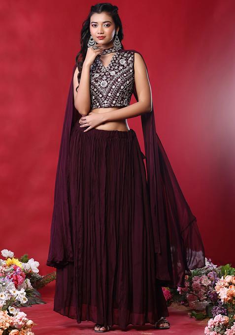 Wine Lehenga Set With Floral Embellished Blouse And Cape