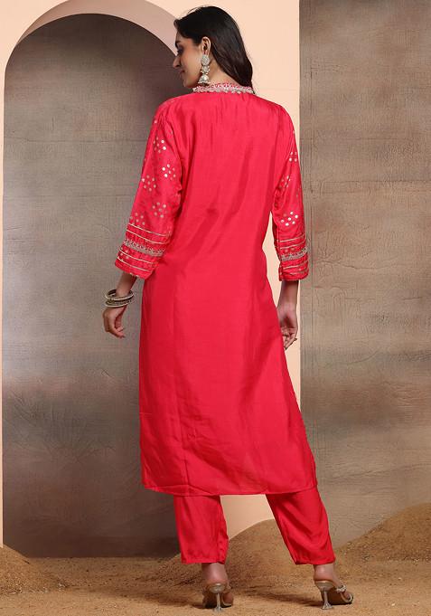 Fuchsia Pink Embroidered Kurta with Pants and Dupatta