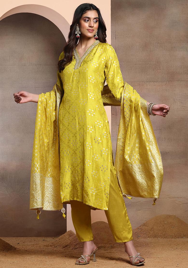 Lime Green Ikat Kurta Set with Dupatta
