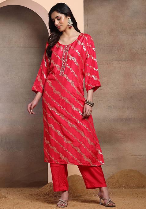 Women's Fuchsia Paisley Thread Work Kurta Set with Dupatta