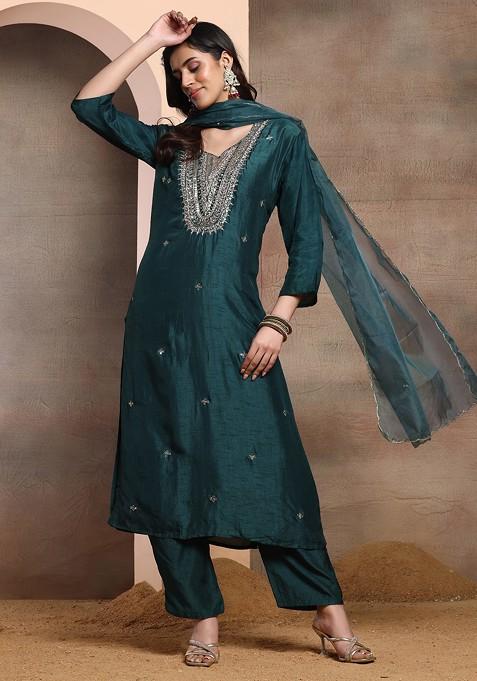 Deep Green Sequin Zari Embellished Kurta Set With Pants And Dupatta