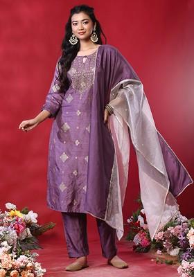 Purple Zari Embroidered Brocade Kurta Set With Pants And Dupatta