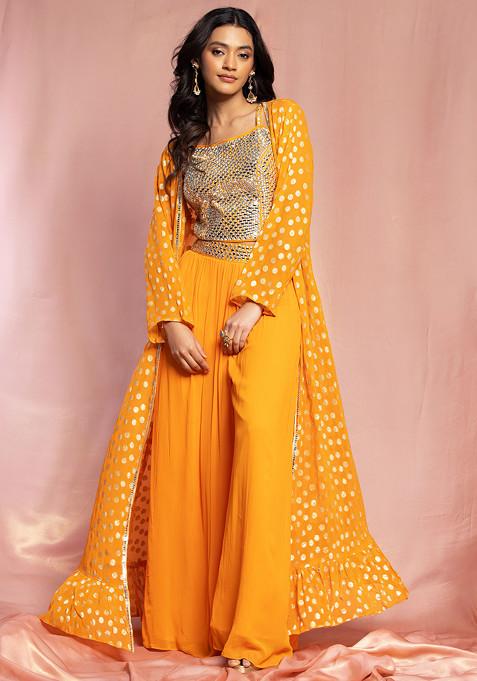 Orange Palazzo Set With Mirror Embroidered Blouse And Brocade Jacket