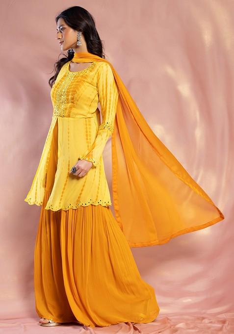 Pre Order: Mustard Embroidered Kurti And Palazzo With Dupatta