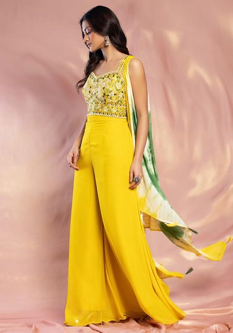 Yellow Printed Co-ord Set for Women – Striped Top with Palazzos & Jacket | Indiaista