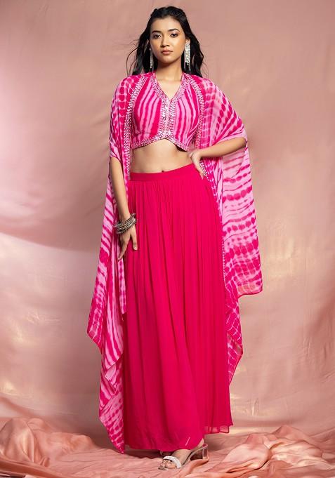 Pink Palazzo Set With Tie Dye Print Embroidered Blouse And Dupatta