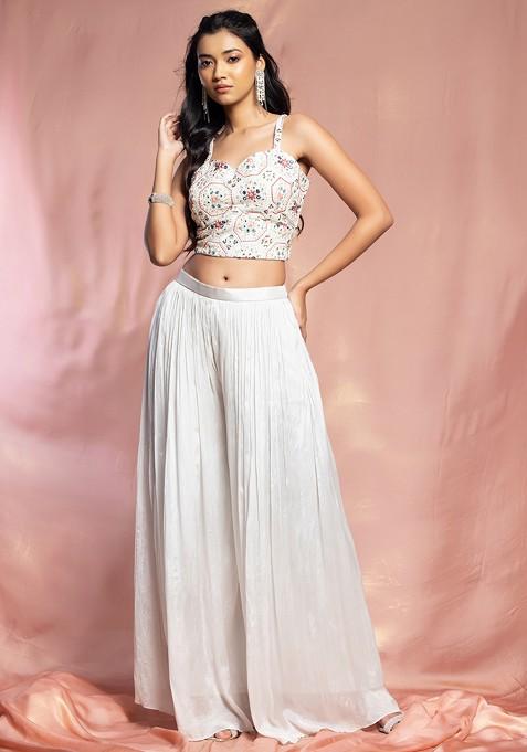 Fuchsia Embroidered Patch Crop Top With Tiered Palazzo Saree Fusion Women Co-Ord Set