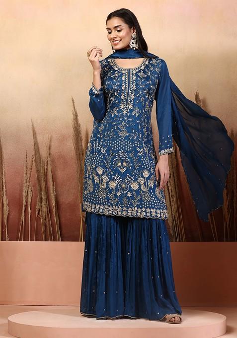 Teal Blue Embellished Sharara Set With Floral Hand Embellished Kurta And Dupatta