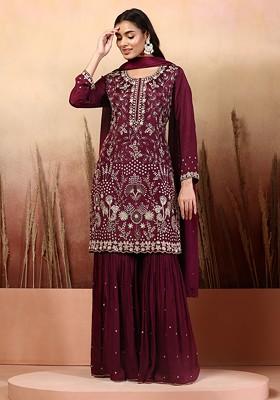 Maroon Embellished Sharara Set With Floral Hand Embellished Kurta And Dupatta