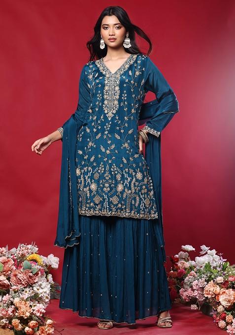Teal Blue Floral Sequin Zari Embroidered Kurta Set With Pants And Dupatta