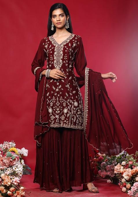 Maroon Floral Sequin Zari Embroidered Kurta Set With Pants And Dupatta