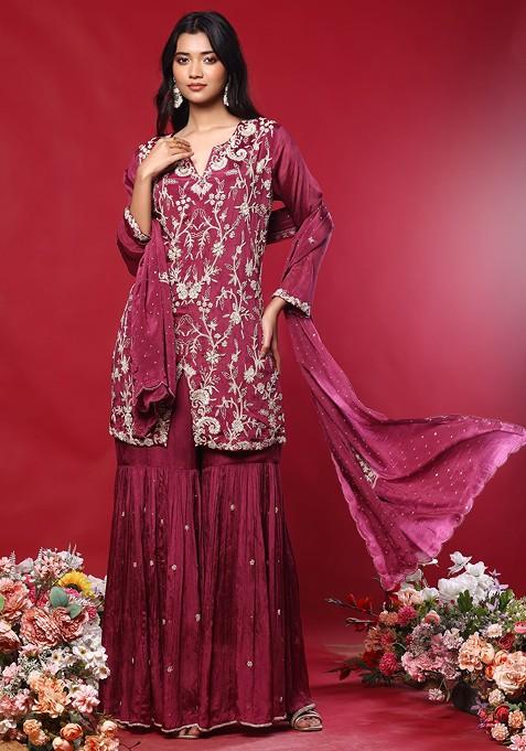 Hot Pink Embellished Sharara Set With Floral Hand Embellished Kurta And Dupatta