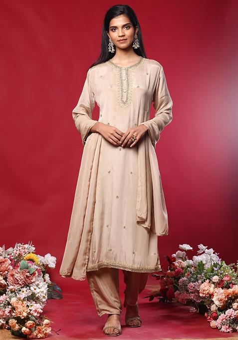 Beige Floral Hand Embroidered Kurta Set With Pants And Organza Dupatta