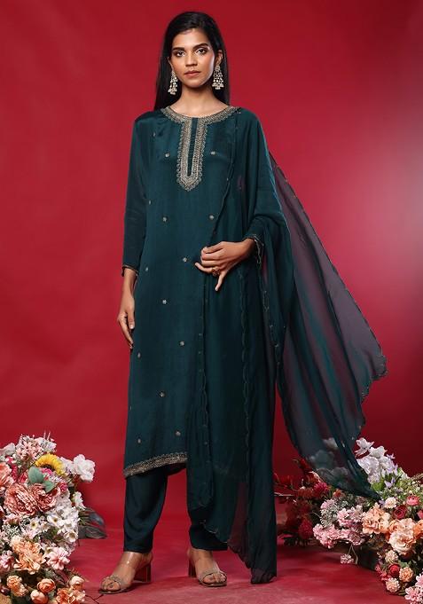 Teal Floral Hand Embroidered Kurta Set With Pants And Organza Dupatta