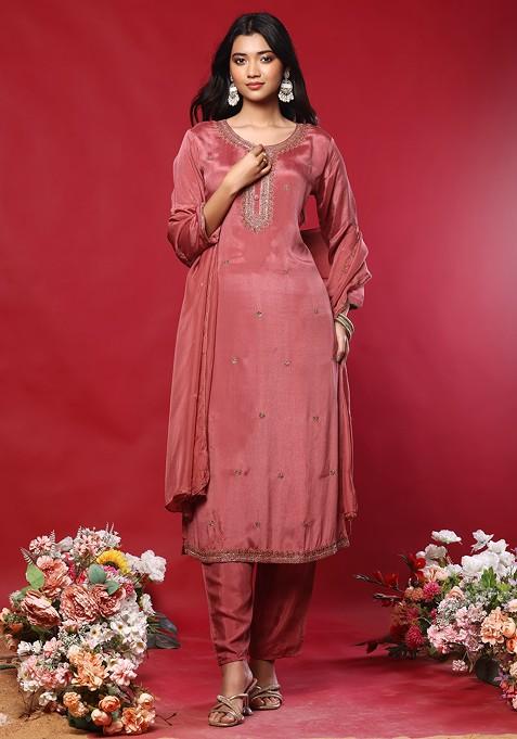 Pink Floral Hand Embroidered Kurta Set With Pants And Organza Dupatta