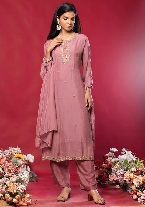 Dull Pink Floral Hand Embroidered Kurta Set With Pants And Organza Dupatta