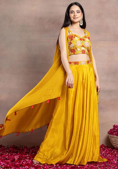Mustard Yellow Sharara Set With Floral Embroidered Blouse And Jacket
